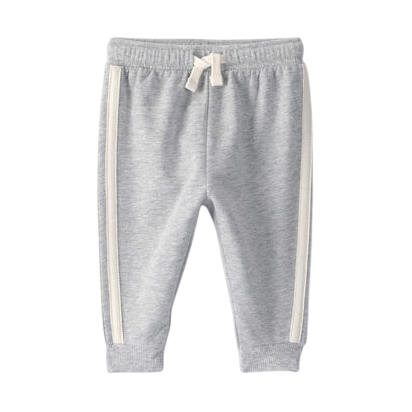 Gray toddler joggers with an elastic waistband, a drawstring, ribbed cuffs, and white side stripes.