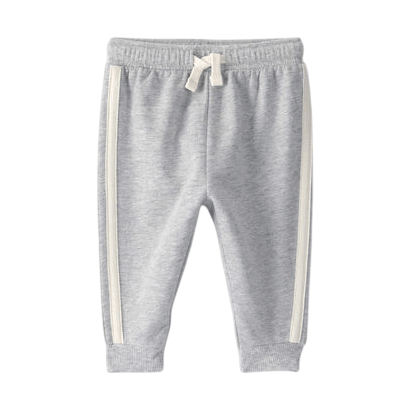 Gray toddler joggers with an elastic waistband, a drawstring, ribbed cuffs, and white side stripes.