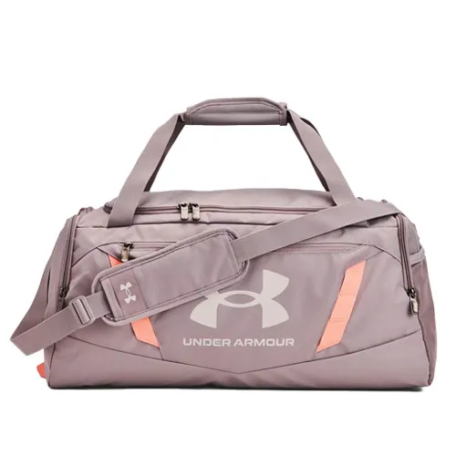 Under Armour duffel bag in mauve with peach accents, featuring a shoulder strap and multiple zippered compartments.