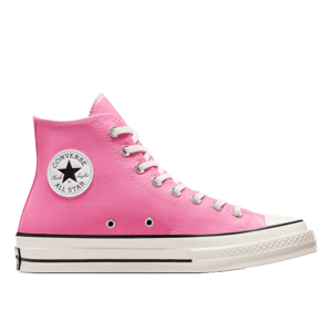 Pink Converse All Star Chuck Taylor high-top sneaker with a white rubber sole, black stripe, and the classic round patch logo on the ankle.