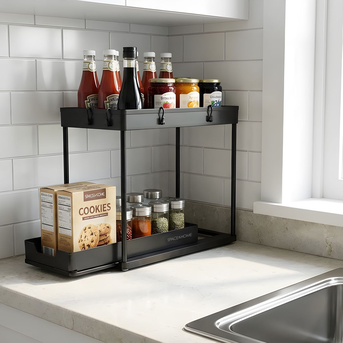Black countertop organizer with two tiers holds condiments, sauces, jars of spices, and a box of cookies, placed next to a kitchen sink with a tiled backsplash.