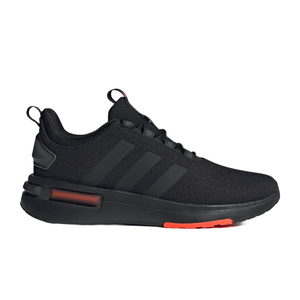 Black athletic shoe with three stripes on the side, featuring a low-top design, pull-tabs at the tongue and heel, and an orange accent on the sole.