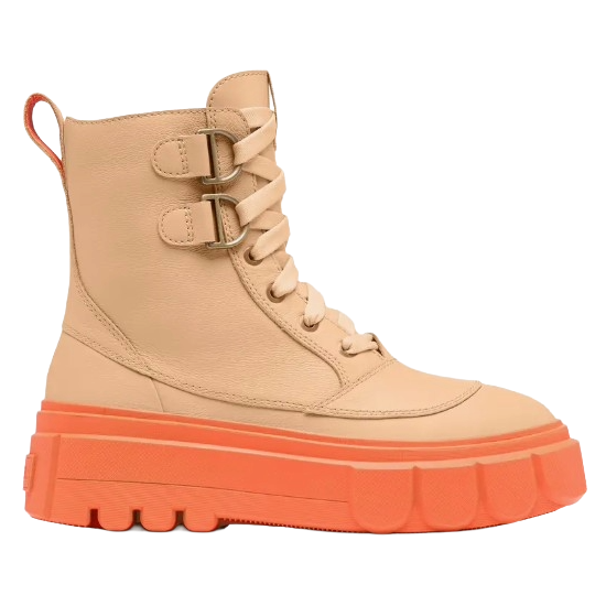Beige high-top boot with orange platform sole, featuring laces and buckles for closure.