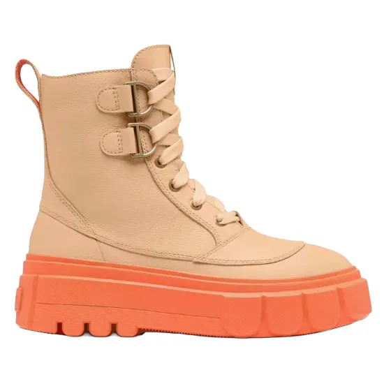 Beige high-top boot with orange platform sole, featuring laces and buckles for closure.