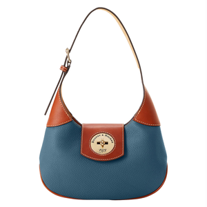 A Dooney & Bourke Pebble Leather Turnlock Hobo with a blue pebbled leather body, contrasting brown leather accents, and a turn-lock closure featuring a circular branded medallion embossed with \“1975.\“
