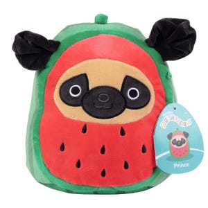 A plush toy called Prince the Watermelon Pug, featuring a pug face with black ears and a watermelon body with green and red colors and black seed details.