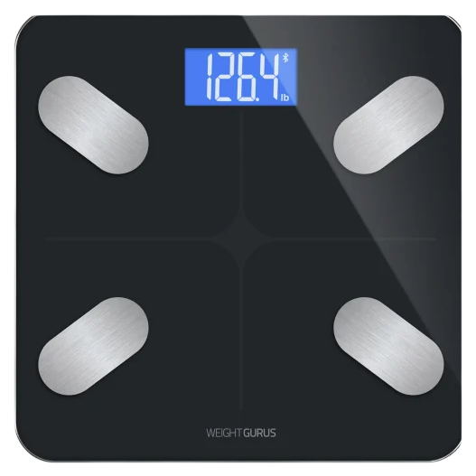 Digital bathroom scale by Weight Gurus displaying a weight of 126.4 lb, featuring four metallic sensors and a backlit blue LCD screen.
