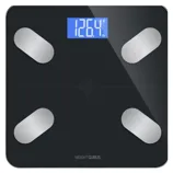 Digital bathroom scale by Weight Gurus displaying a weight of 126.4 lb, featuring four metallic sensors and a backlit blue LCD screen.