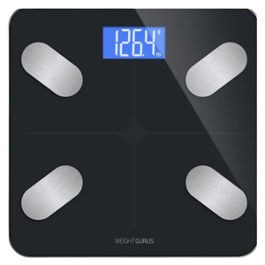Digital bathroom scale by Weight Gurus displaying a weight of 126.4 lb, featuring four metallic sensors and a backlit blue LCD screen.
