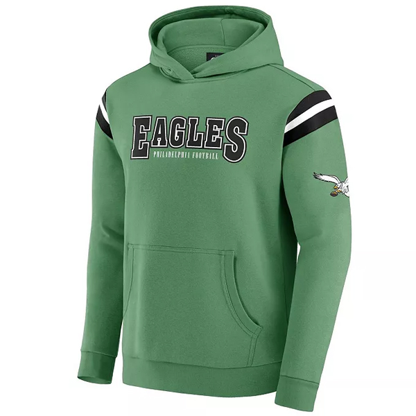 Kelly green hoodie with \“Eagles Philadelphia Football\“ text on the chest, featuring black and white stripes on the shoulders and an eagle logo on the sleeve. Includes a front pouch pocket and a hood.