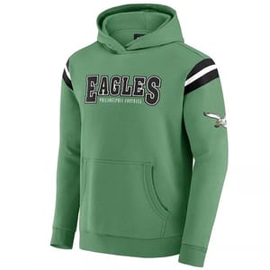 Kelly green hoodie with \“Eagles Philadelphia Football\“ text on the chest, featuring black and white stripes on the shoulders and an eagle logo on the sleeve. Includes a front pouch pocket and a hood.