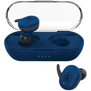 Blue HyperGear wireless earbuds with ear hooks are displayed alongside their charging case, which has LED indicators for battery status.