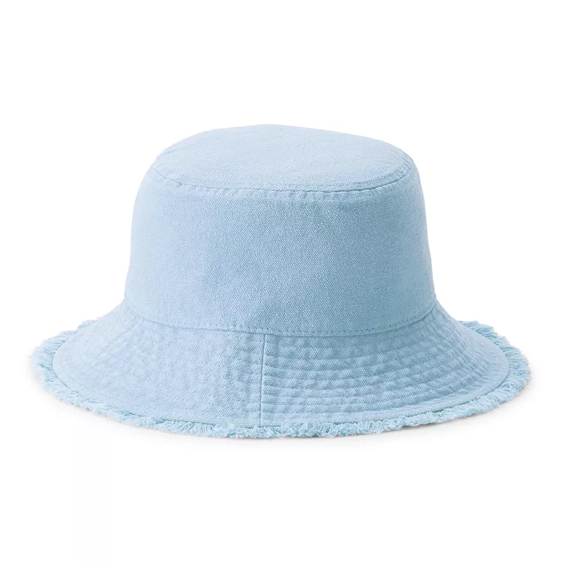 Light blue, soft textured bucket hat with a wide brim and frayed edges. Simple stitching around the crown and brim adds subtle detailing.