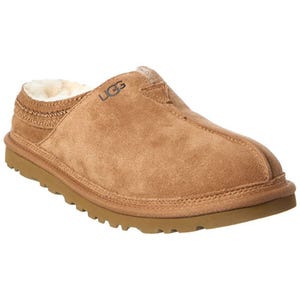 A tan, slip-on suede shoe lined with plush material, featuring a rugged sole, suitable for cozy indoor wear.