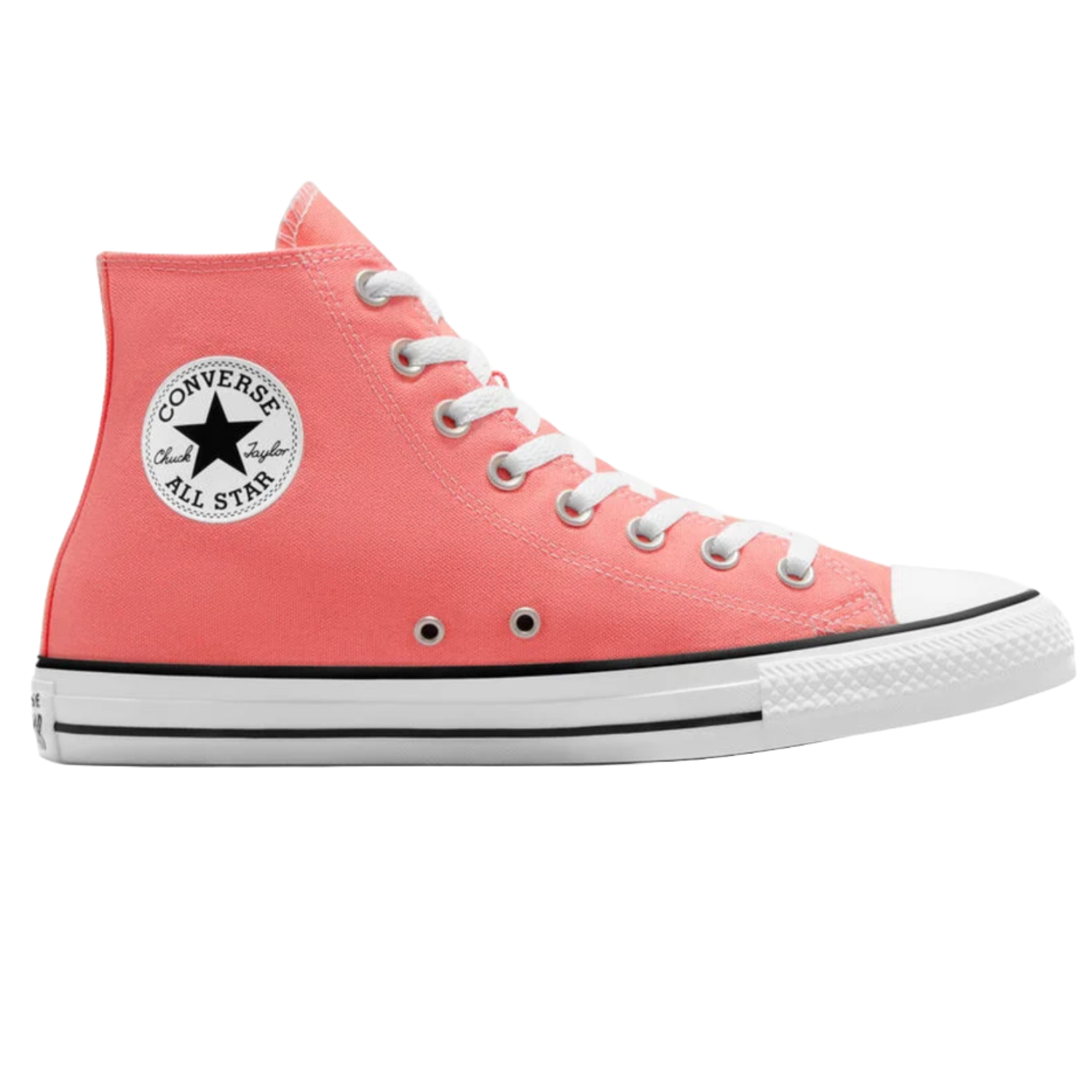 Converse All Star high-top canvas shoes in pink with a white rubber toe cap, white laces, and a black star logo on the side.