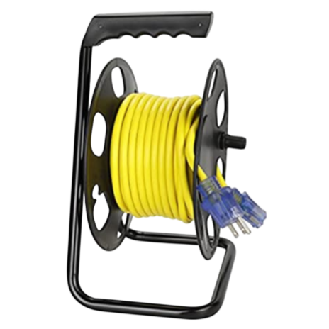 A yellow extension cord is neatly wound on a black metal reel with a handle, featuring three-prong plugs.