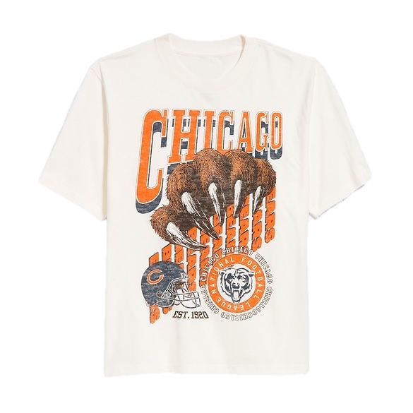 White T-shirt featuring a design with a bear claw, the word \“CHICAGO,\“ a football helmet with a 'C' logo, and text \“EST. 1920.\“