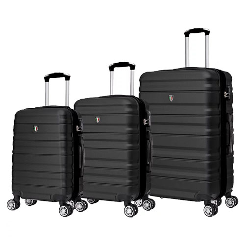 Three black hardshell suitcases of varying sizes with four wheels and telescopic handles.