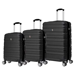 Three black hardshell suitcases of varying sizes with four wheels and telescopic handles.