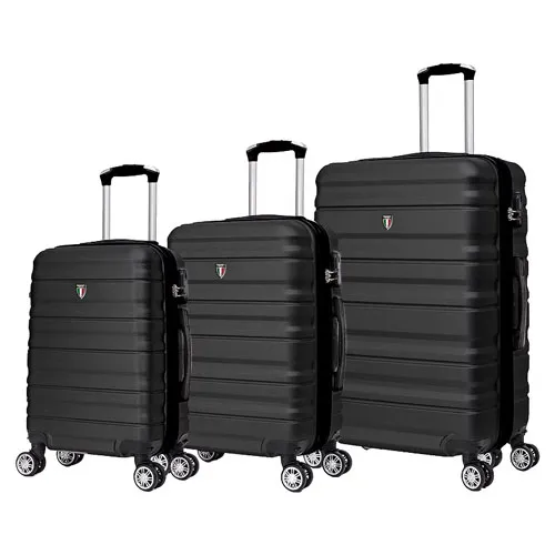 Three black hardshell suitcases of varying sizes with four wheels and telescopic handles.