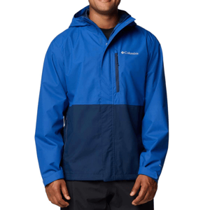 A blue and navy waterproof jacket with a hood, zippered front, and a chest pocket, featuring Columbia branding.