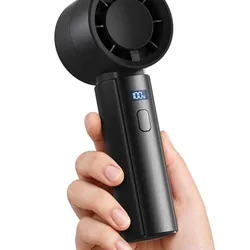 A handheld, bladeless portable fan with a digital battery display, held in a person's hand.