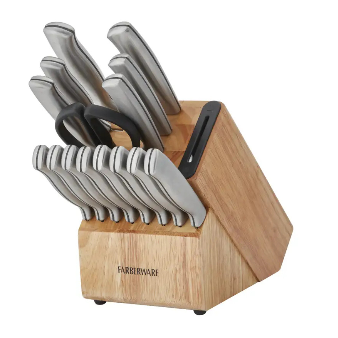 The 16-piece Farberware Knife Block Set includes stainless steel knives with hollow handles, kitchen shears, and a knife sharpener, all housed in a wooden block for organized storage.