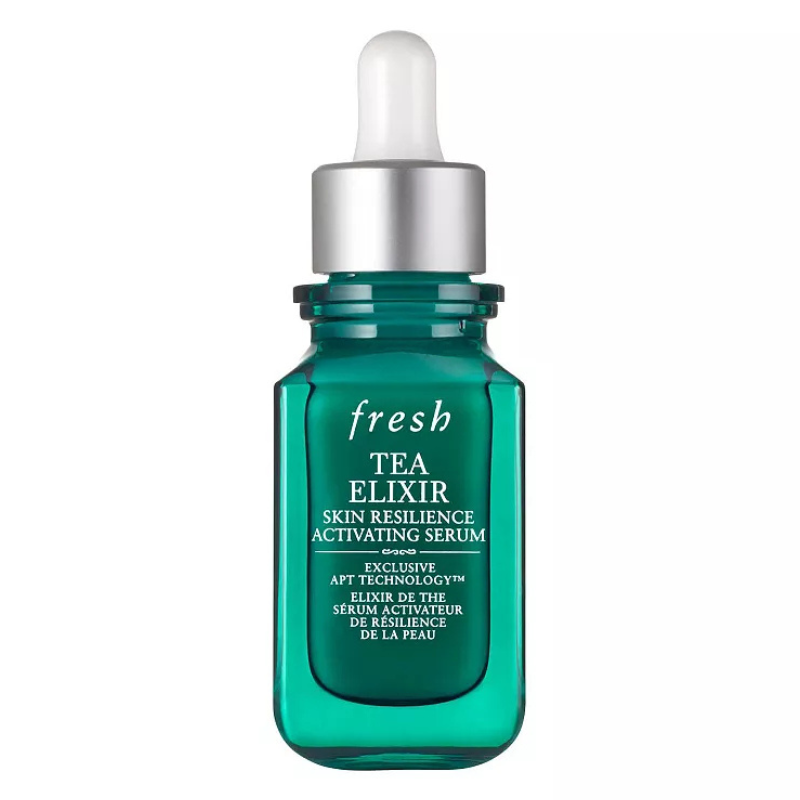 Fresh Tea Elixir Skin Resilience Activating Serum with APT Technology in a teal bottle with a dropper.