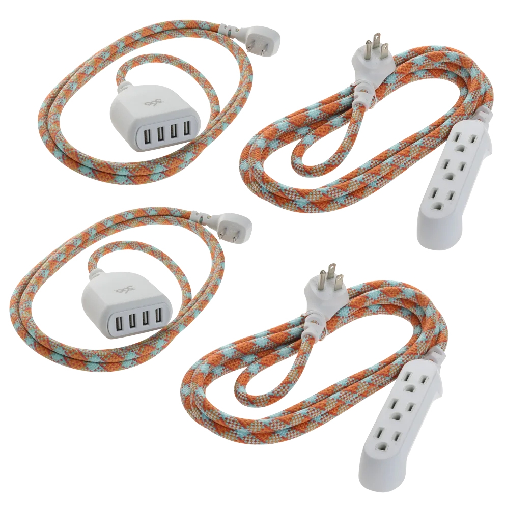 4-piece set of braided extension cords, two with USB ports and two with standard 3-outlet strips. The cords have a colorful orange and blue pattern and right-angle plugs. Perfect for home or office use.