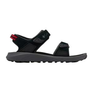 Black outdoor sandal with adjustable straps, red heel loop, and textured sole for traction.