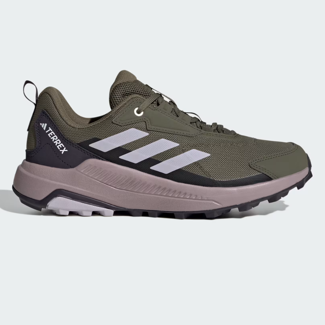 Olive green Adidas Terrex Anylander hiking shoes with prominent white side stripes and a mauve midsole.