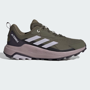 Olive green Adidas Terrex Anylander hiking shoes with prominent white side stripes and a mauve midsole.