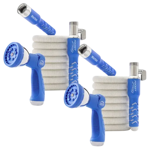 Two blue garden hose sets with spray nozzles and white expandable hoses are displayed.