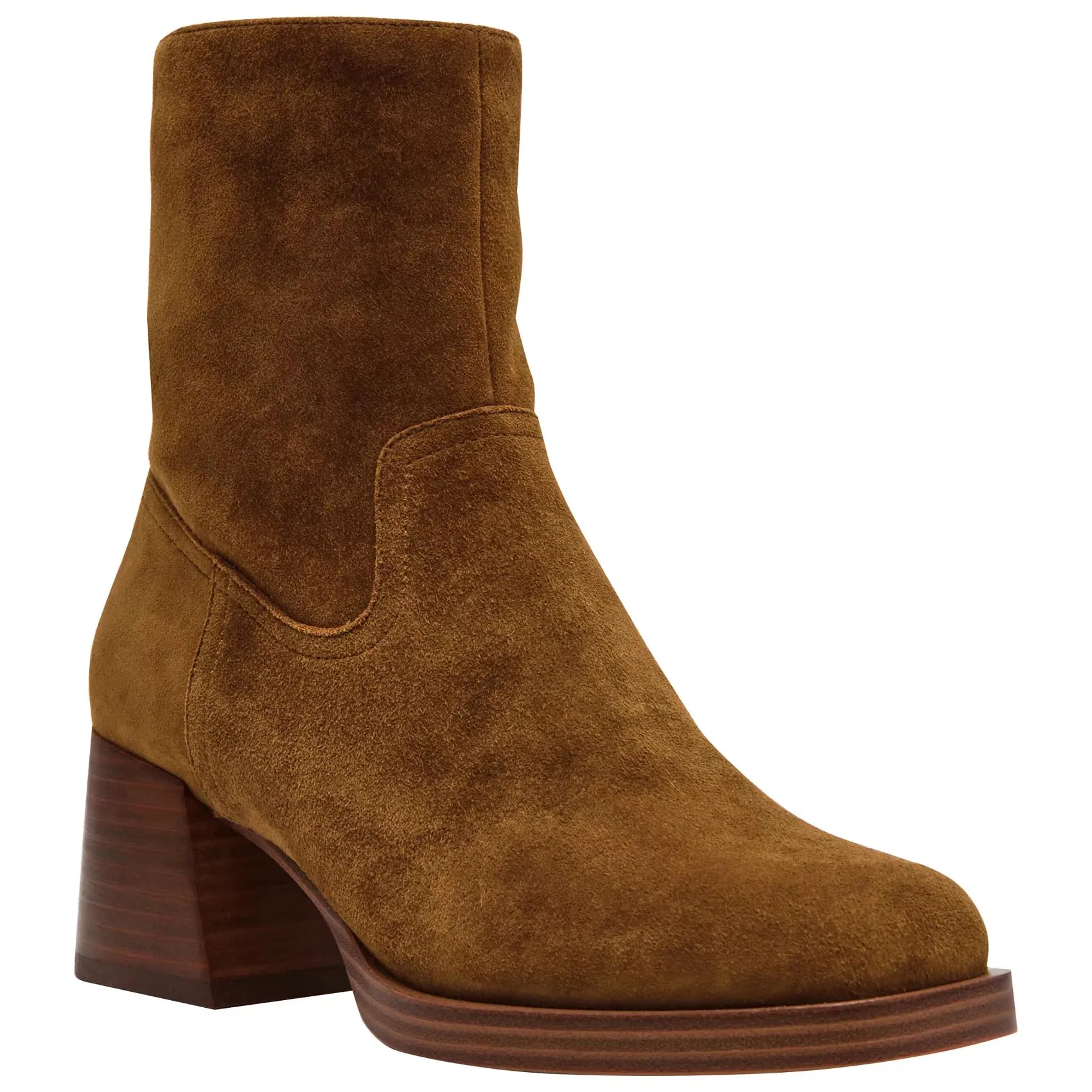 Brown suede ankle boot with a block heel and round toe design.