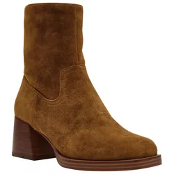 Brown suede ankle boot with a block heel and round toe design.