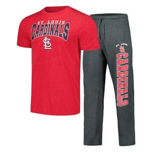 The St. Louis Cardinals Sleep Set consists of a red T-shirt with \“St. Louis Cardinals\“ and logo on the front and dark gray pants with \“Cardinals\“ and logo on the leg, both featuring team colors and branding.