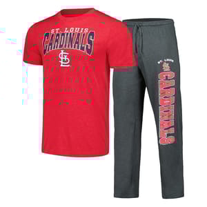 The St. Louis Cardinals Sleep Set consists of a red T-shirt with \“St. Louis Cardinals\“ and logo on the front and dark gray pants with \“Cardinals\“ and logo on the leg, both featuring team colors and branding.
