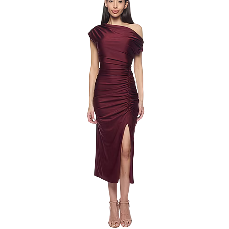 A burgundy off-shoulder midi dress with ruched details and a thigh-high slit, paired with nude strappy heels.