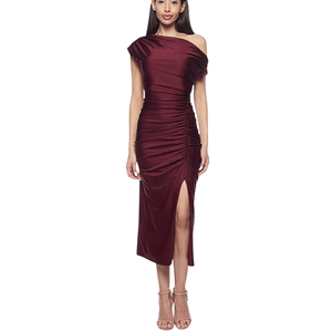 A burgundy off-shoulder midi dress with ruched details and a thigh-high slit, paired with nude strappy heels.