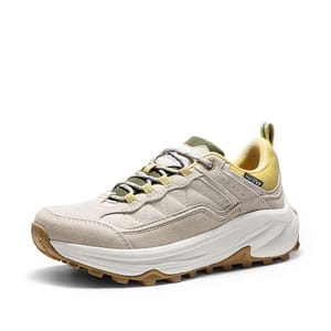 A beige and white trail shoe with yellow and green accents, featuring a chunky sole and durable laces for outdoor activities.