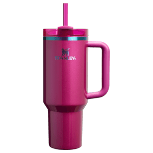 A magenta Stanley tumbler with a handle and straw, featuring a screw-on lid and carrying a logo.