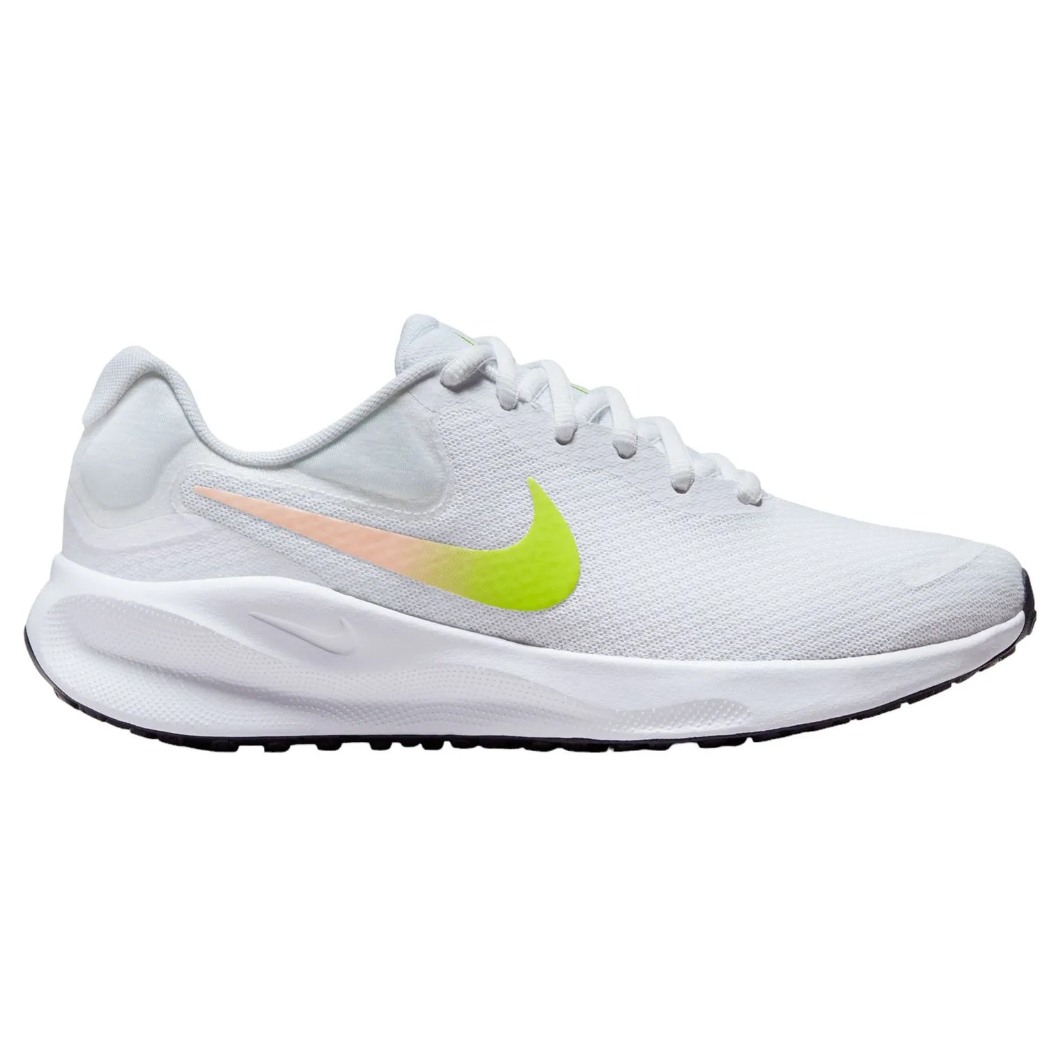 White running shoe with a bright green Nike Swoosh, featuring a white midsole and black outsole.