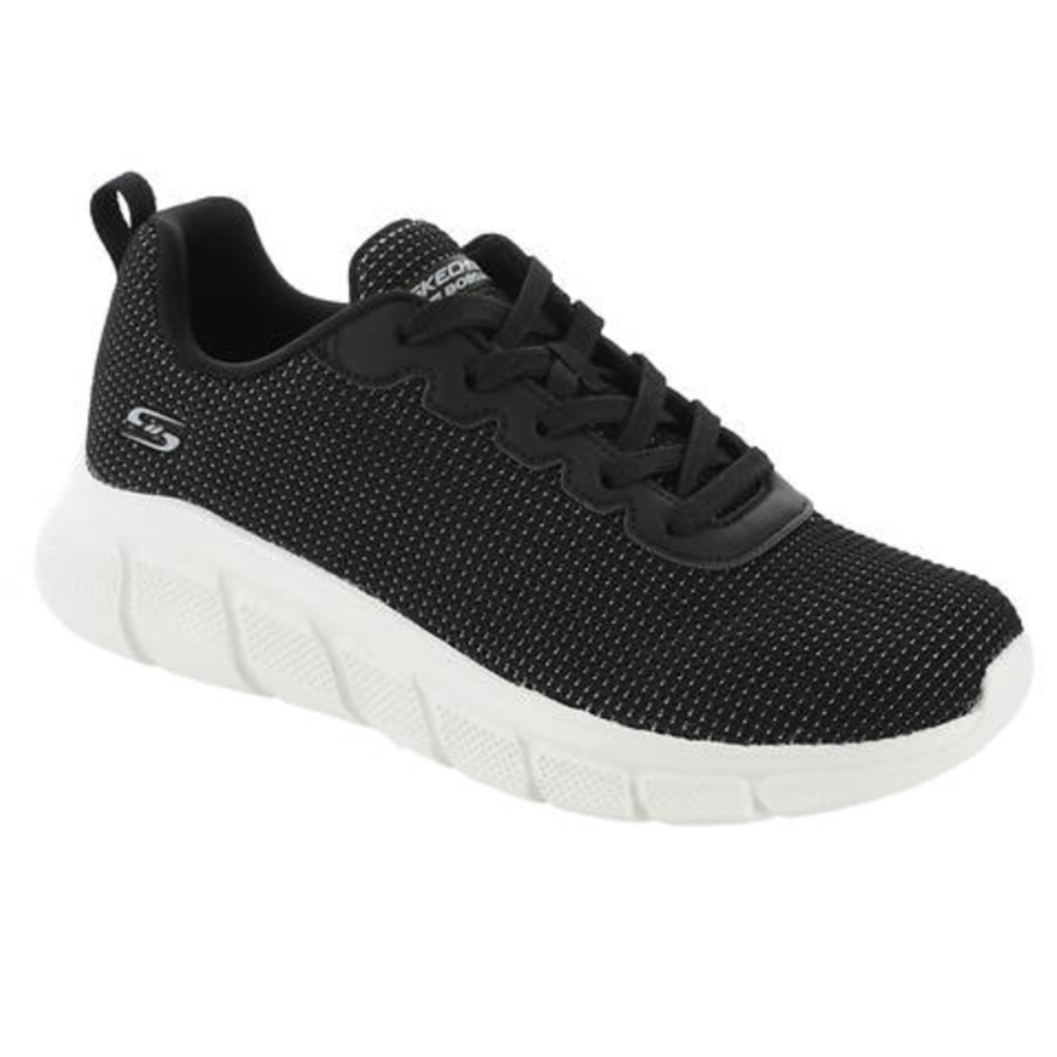Skechers BOBS Visionary Essence shoes are black sneakers with a knit upper, featuring dotted patterns and a white, chunky sole. They have lace-up closures and a pull-tab at the heel.