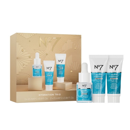 No7 Hydration Trio set includes HydraLuminous Water Concentrate (15ml), Day Gel Cream (25ml), and Night Cream (25ml), shown in a gold-themed package.