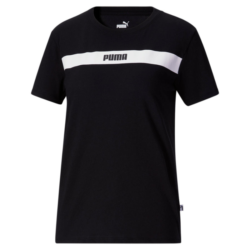 Black Puma Women's Upfront Line T-Shirt with a white horizontal stripe across the chest featuring the Puma logo in black. Short sleeves and a classic fit design.