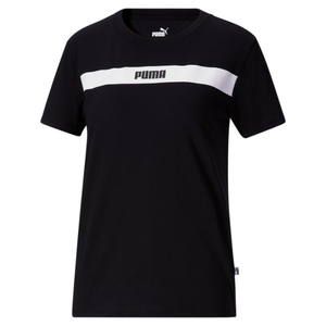 Black Puma Women's Upfront Line T-Shirt with a white horizontal stripe across the chest featuring the Puma logo in black. Short sleeves and a classic fit design.