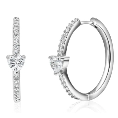 Silver-tone hoops with a pave of small clear crystals along the outer edge, featuring a heart-shaped crystal at the center.