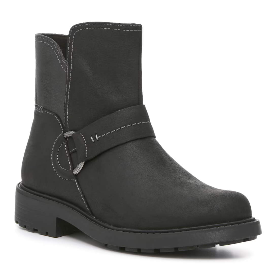 Black ankle-length booties with a wraparound strap and buckle detail, featuring a low heel and a round toe.