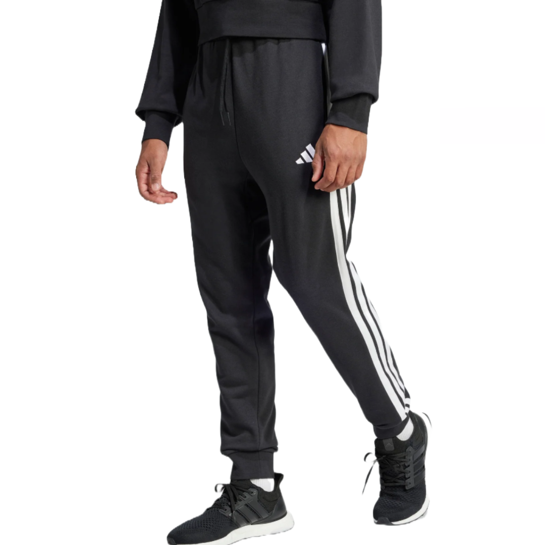 Adidas Men's French Terry Pants are black with white three-stripe detailing along the sides, featuring an elastic drawstring waistband and cuffed ankles.