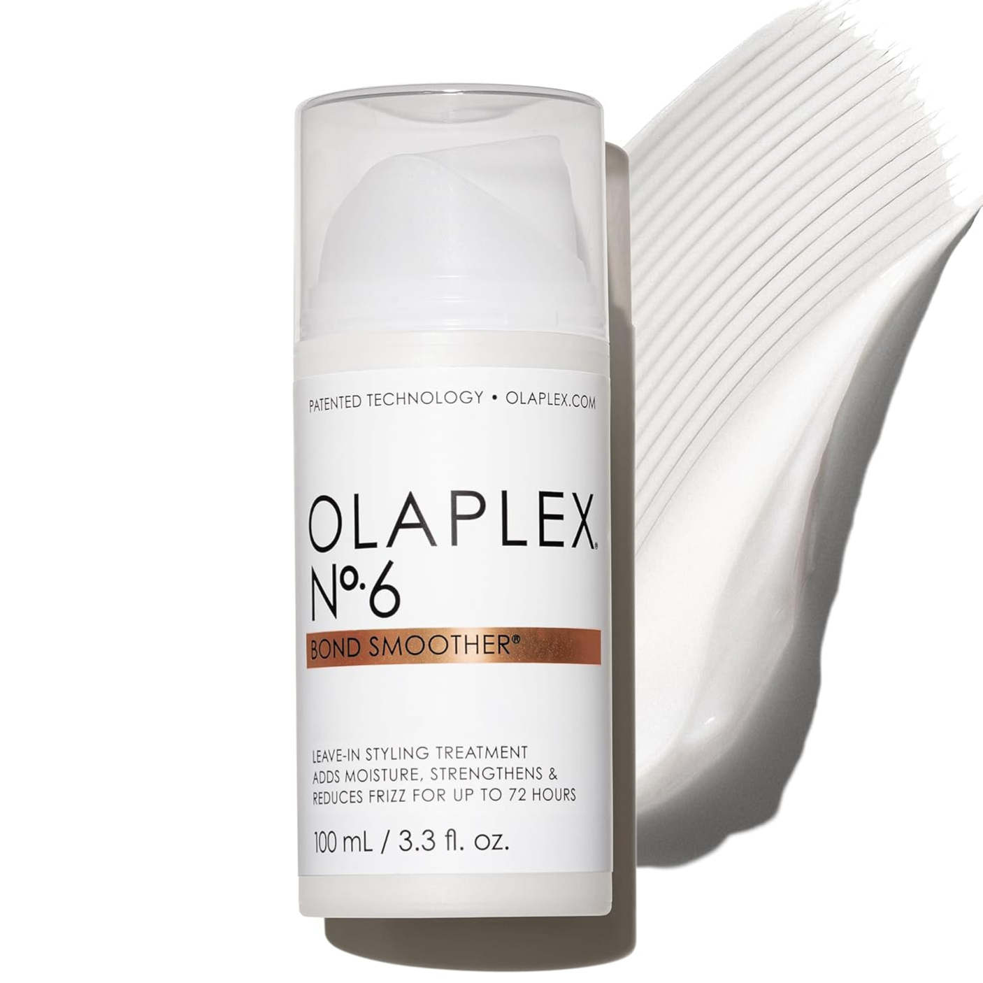 Olaplex No. 6 Bond Smoother, a 100 mL leave-in styling treatment, adds moisture, strengthens hair, and reduces frizz for up to 72 hours.